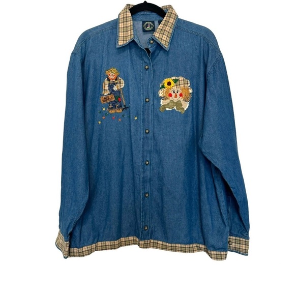 Vintage Lighthouse Apparel Chambray Scarecrow Embroidered Button Down Shirt - Picture 1 of 6